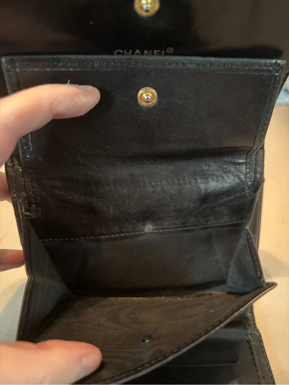 Authentic Vintage Chanel Black Lambskin Trifold Wallet - GUC- with Chanel Box